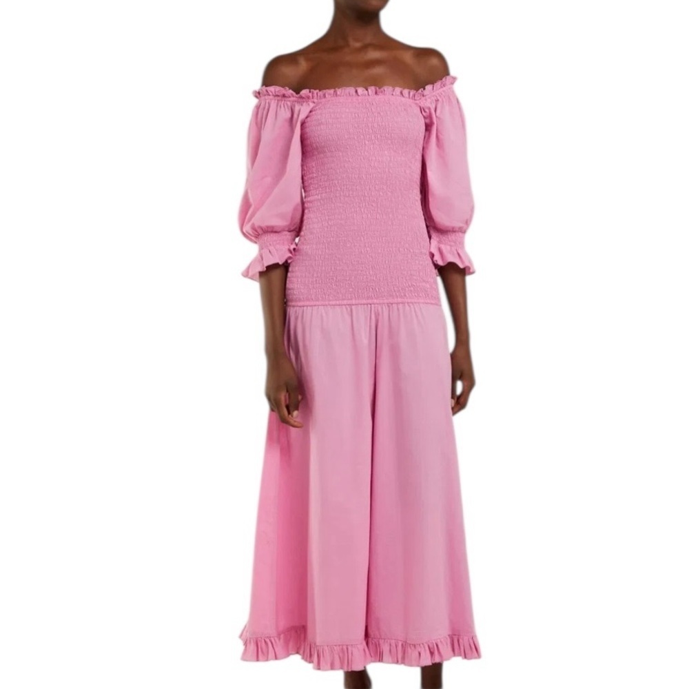 RHODE Resort Cotton Eva Off The Shoulder Smocked Midi Dress Pink Size S